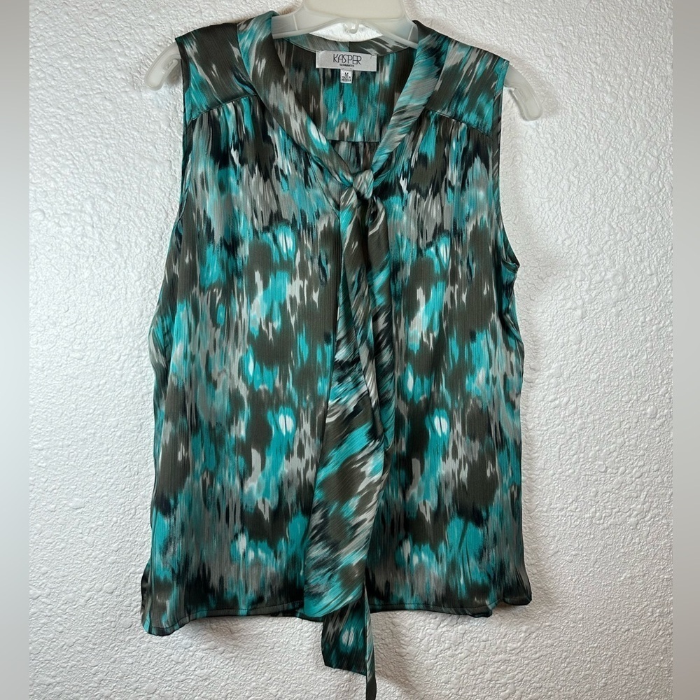 Kasper Blue and Black Relaxed Tie Front Blouse, Size M